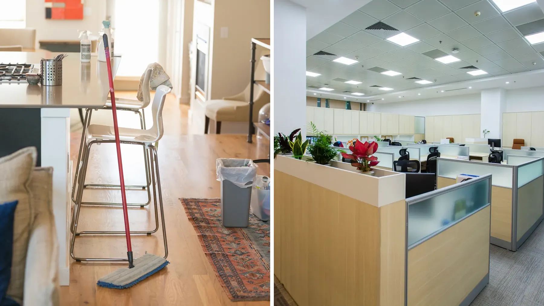 Two scenes side by side: a mop and cleaning kit in an open-plan home kitchen, and a bright open-plan office with rows of desks