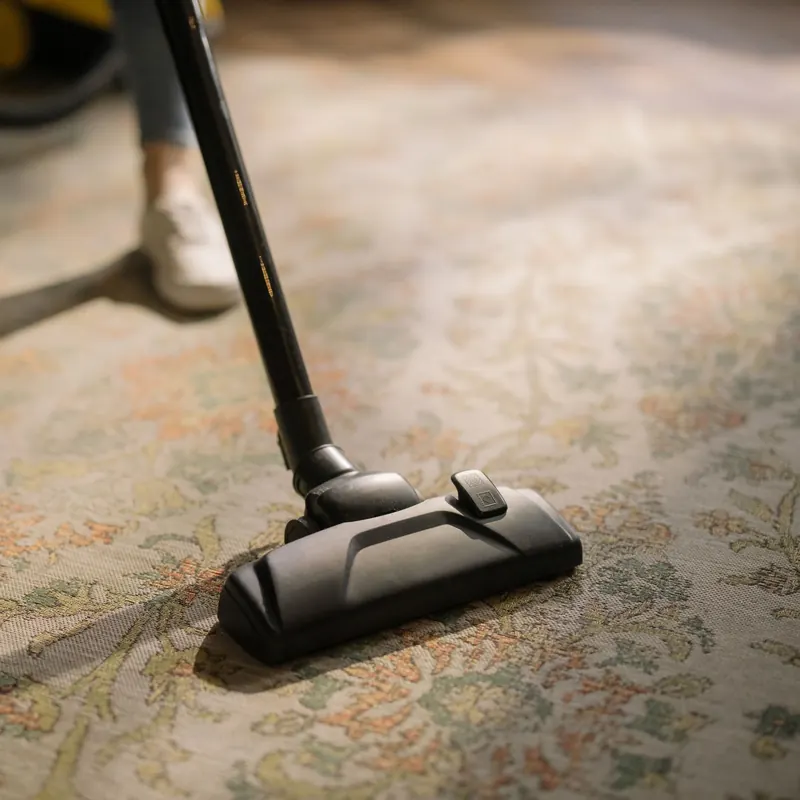 A vacuum cleaner head going over a patterned rug